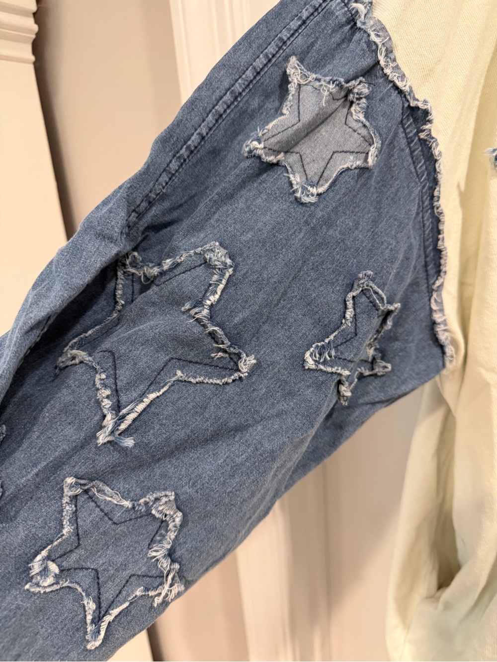 NWT Blue Velvet Boutique Patchwork Top - Cream & Blue Sz L & xl - Picture 3 of 5